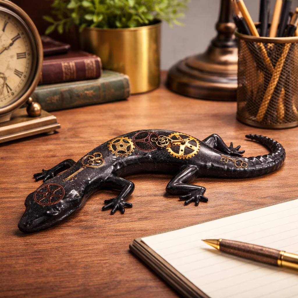 Steampunk Gecko Resin Art – Handcrafted Lizard Decor with Embedded Clockwork Gears